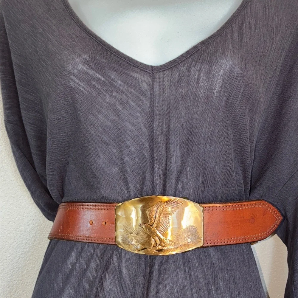 NATALE brass Eagle buckle on Leather Belt, XL VTG Exquisite artisan piece Unisex